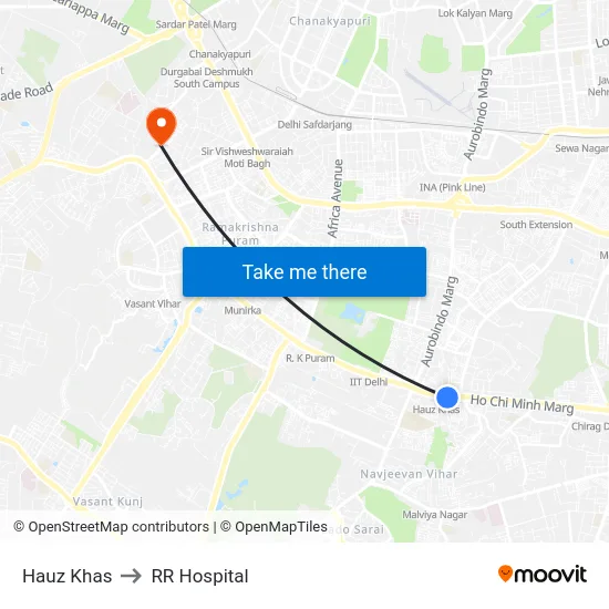 Hauz Khas to RR Hospital map