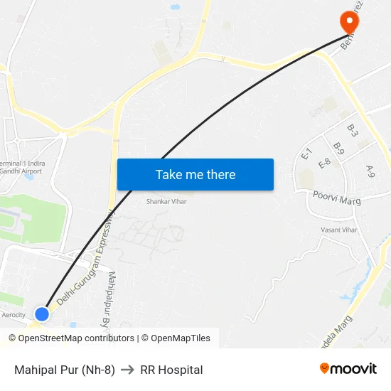 Mahipal Pur (Nh-8) to RR Hospital map