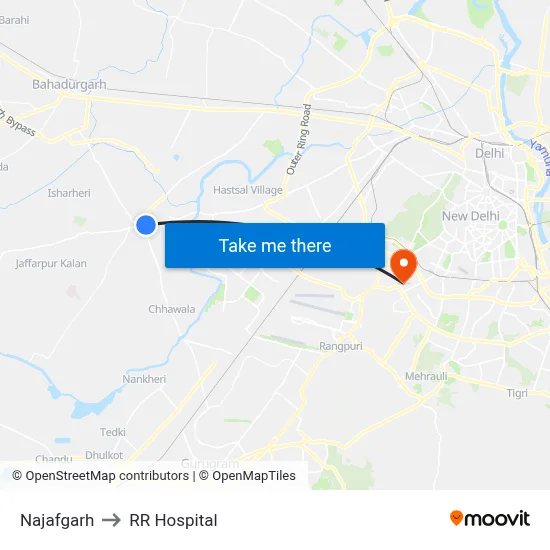 Najafgarh to RR Hospital map