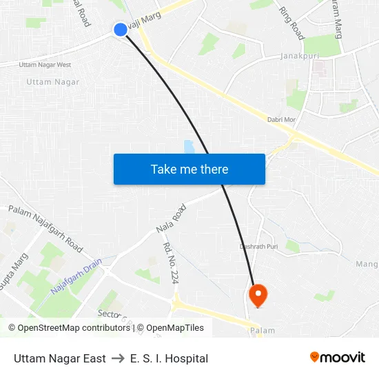 Uttam Nagar East to E. S. I. Hospital map