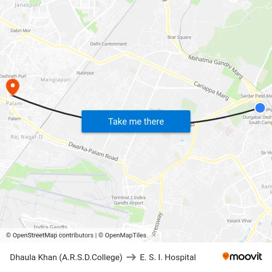 Dhaula Khan (A.R.S.D.College) to E. S. I. Hospital map
