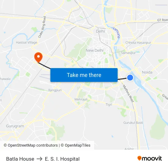 Batla House to E. S. I. Hospital map