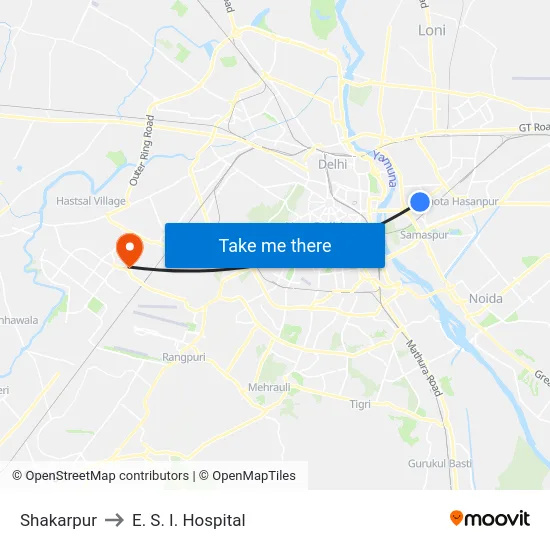 Shakarpur to E. S. I. Hospital map