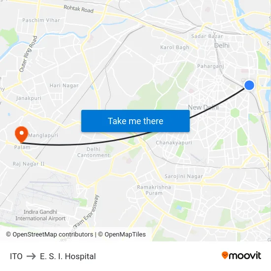 ITO to E. S. I. Hospital map