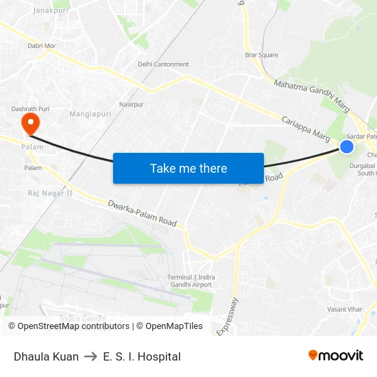 Dhaula Kuan to E. S. I. Hospital map