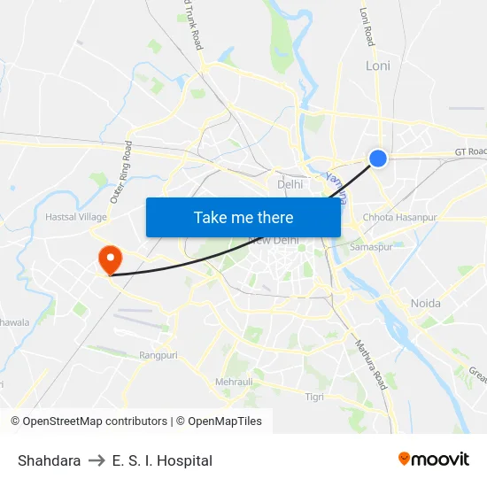Shahdara to E. S. I. Hospital map