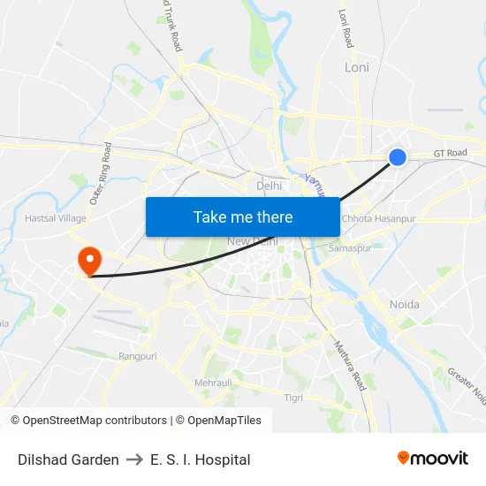 Dilshad Garden to E. S. I. Hospital map