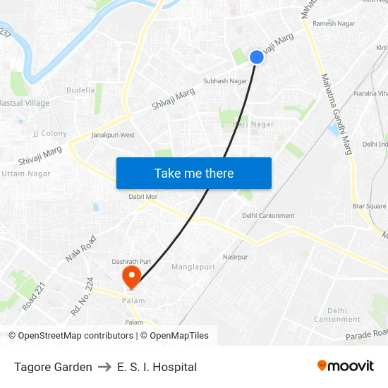 Tagore Garden to E. S. I. Hospital map