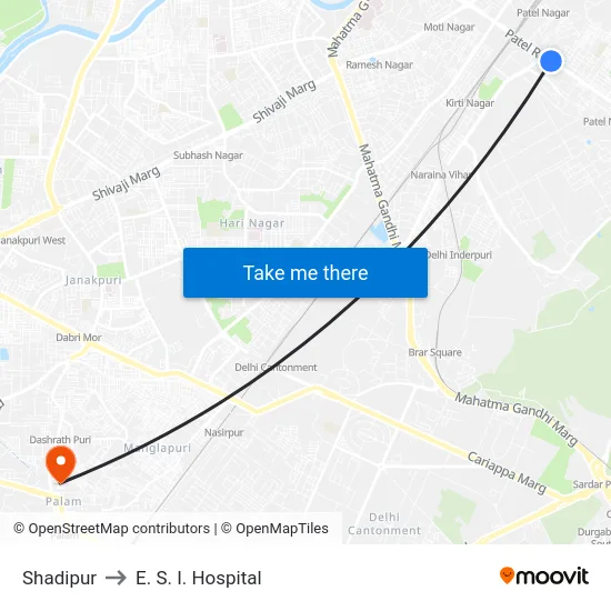 Shadipur to E. S. I. Hospital map