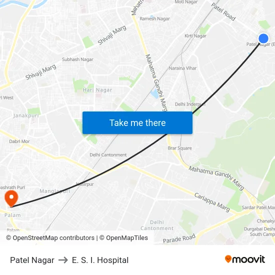 Patel Nagar to E. S. I. Hospital map