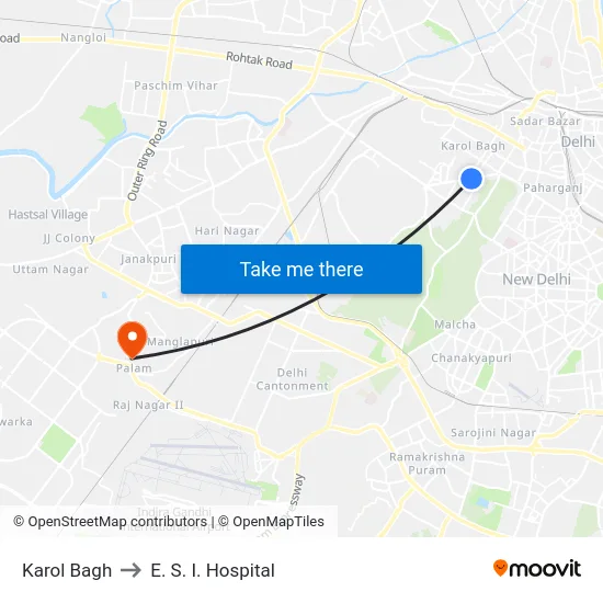 Karol Bagh to E. S. I. Hospital map