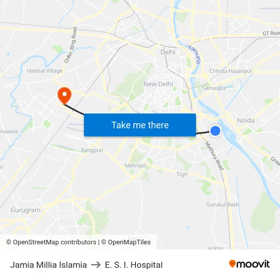 Jamia Millia Islamia to E. S. I. Hospital map