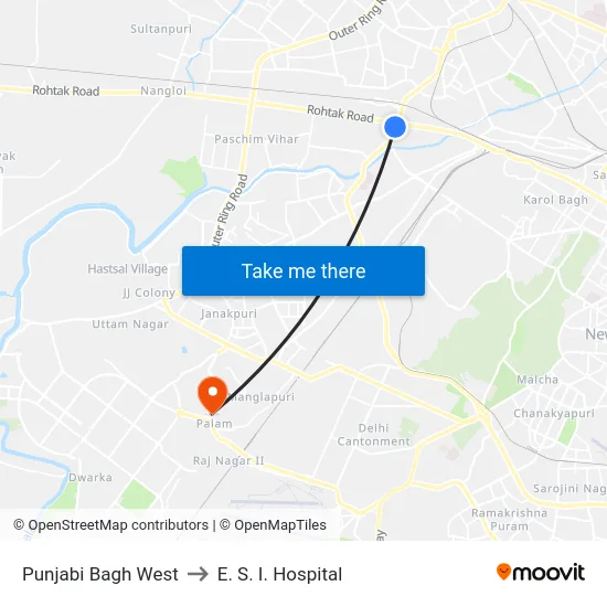 Punjabi Bagh West to E. S. I. Hospital map
