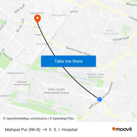 Mahipal Pur (Nh-8) to E. S. I. Hospital map