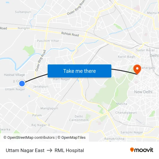 Uttam Nagar East to RML Hospital map