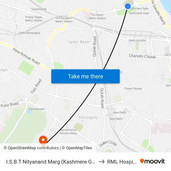I.S.B.T Nityanand Marg (Kashmere Gate) to RML Hospital map