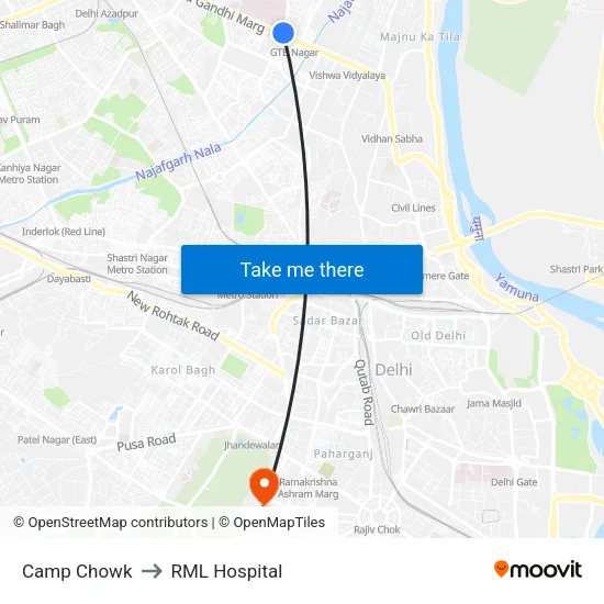 Camp Chowk to RML Hospital map
