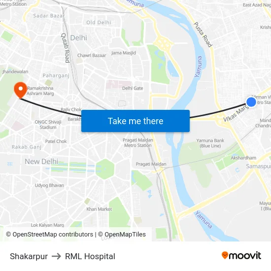 Shakarpur to RML Hospital map