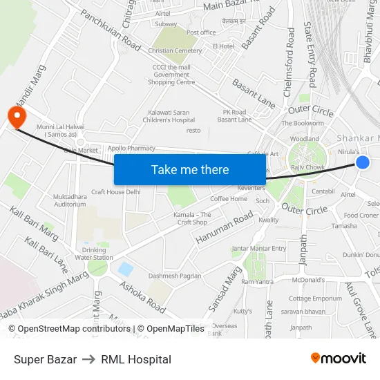 Super Bazar to RML Hospital map