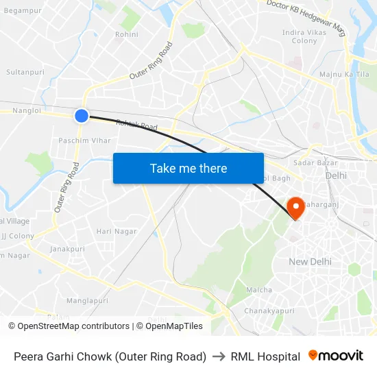 Peera Garhi Chowk (Outer Ring Road) to RML Hospital map