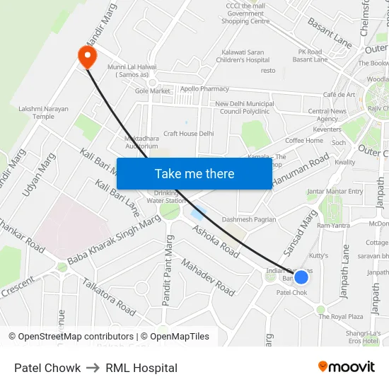 Patel Chowk to RML Hospital map