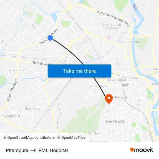 Pitampura to RML Hospital map