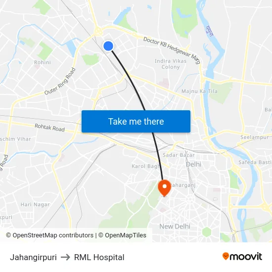 Jahangirpuri to RML Hospital map
