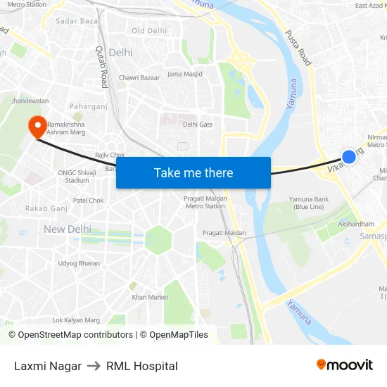 Laxmi Nagar to RML Hospital map