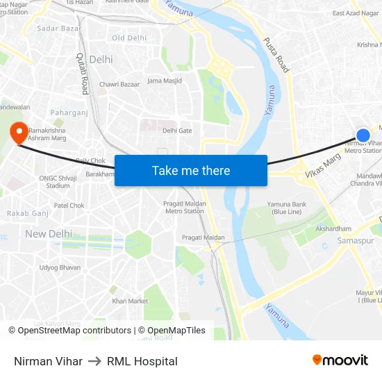 Nirman Vihar to RML Hospital map
