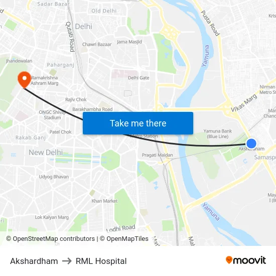 Akshardham to RML Hospital map