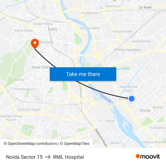 Noida Sector 15 to RML Hospital map
