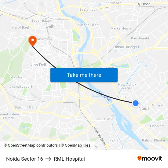 Noida Sector 16 to RML Hospital map