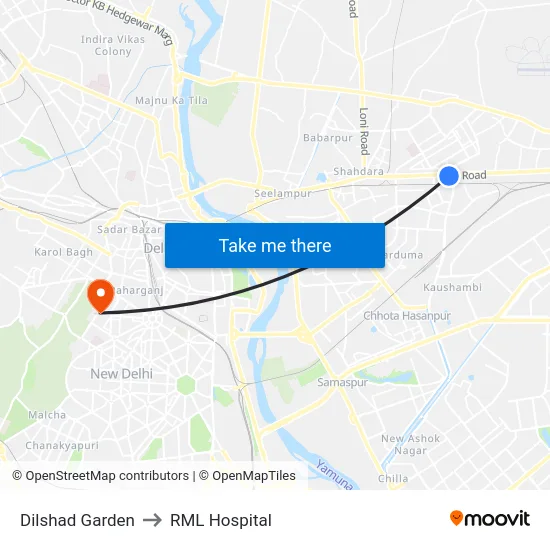Dilshad Garden to RML Hospital map