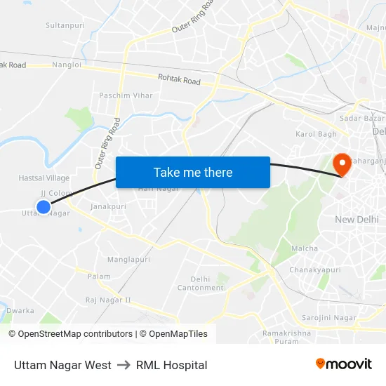 Uttam Nagar West to RML Hospital map