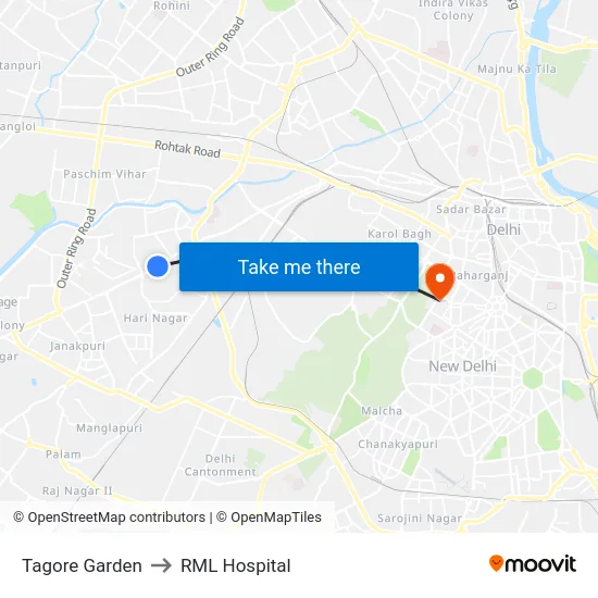 Tagore Garden to RML Hospital map
