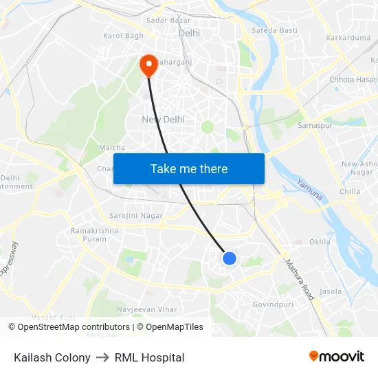 Kailash Colony to RML Hospital map