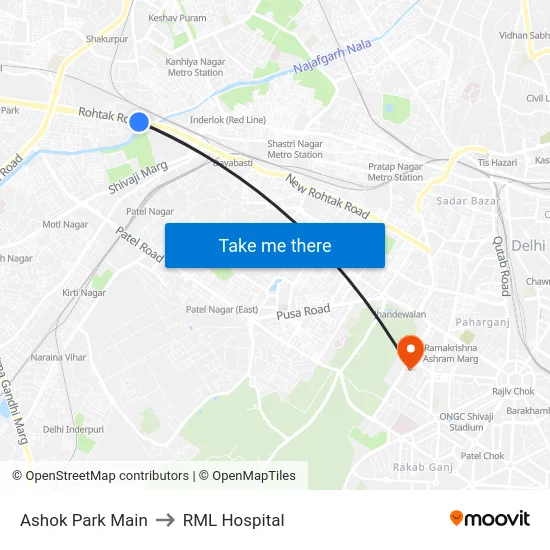 Ashok Park Main to RML Hospital map