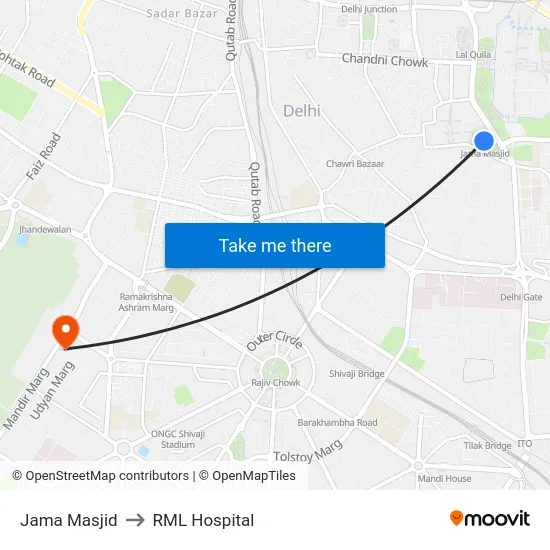 Jama Masjid to RML Hospital map