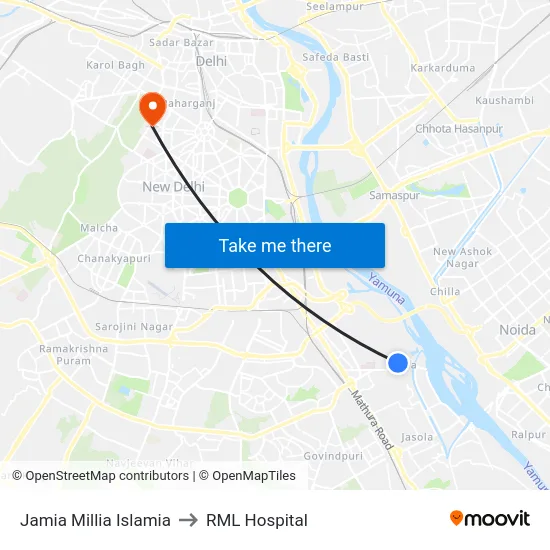 Jamia Millia Islamia to RML Hospital map