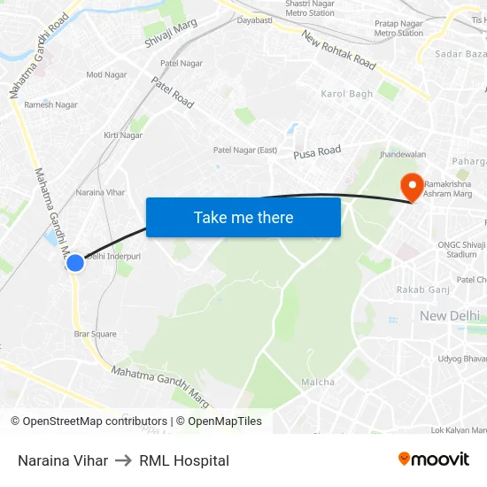 Naraina Vihar to RML Hospital map