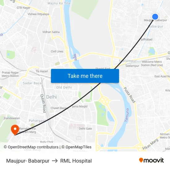 Maujpur- Babarpur to RML Hospital map