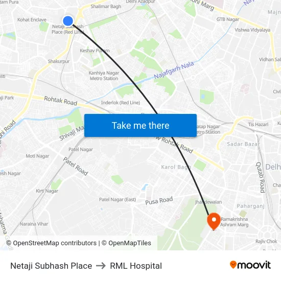 Netaji Subhash Place to RML Hospital map