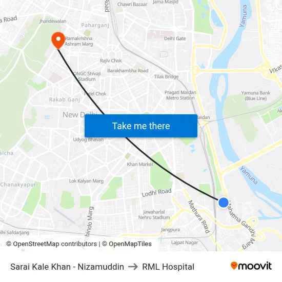 Sarai Kale Khan - Nizamuddin to RML Hospital map