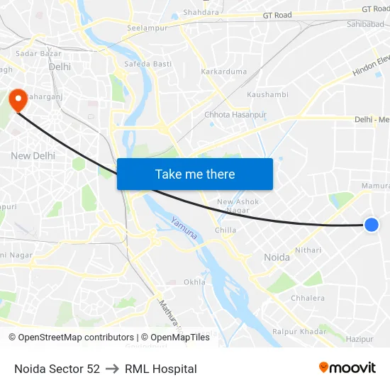 Noida Sector 52 to RML Hospital map