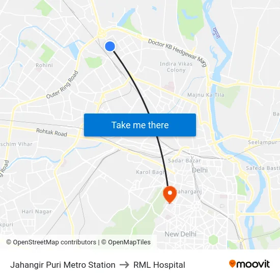 Jahangir Puri Metro Station to RML Hospital map