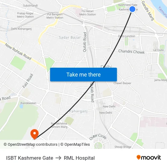ISBT Kashmere Gate to RML Hospital map