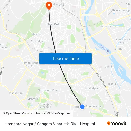 Hamdard Nagar / Sangam Vihar to RML Hospital map