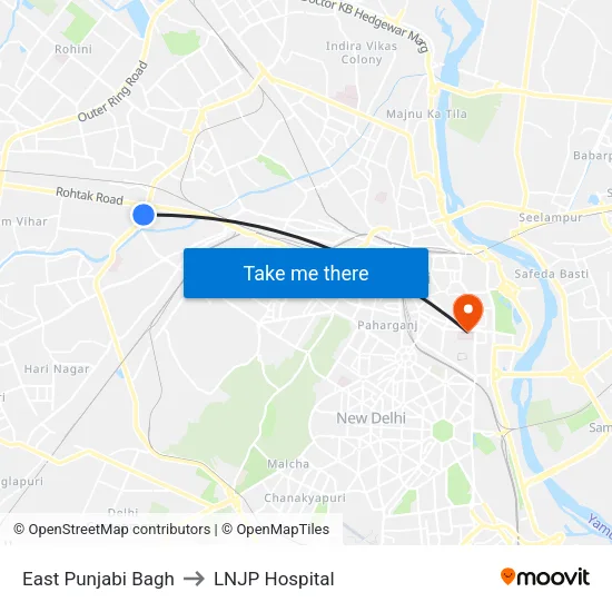 East Punjabi Bagh to LNJP Hospital map