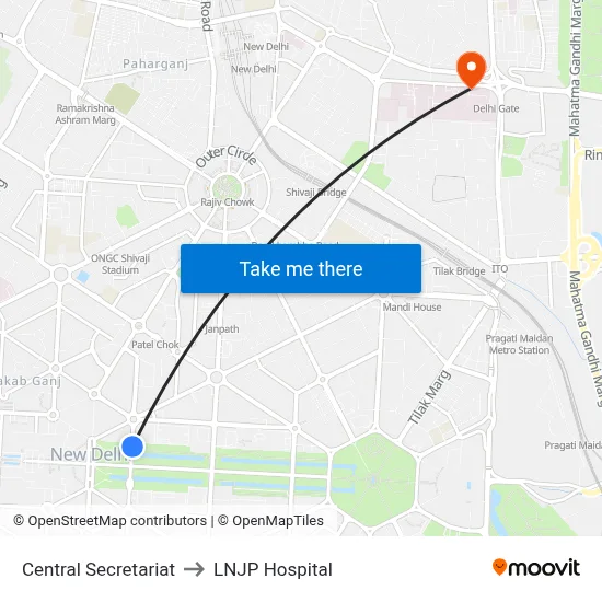 Central Secretariat to LNJP Hospital map