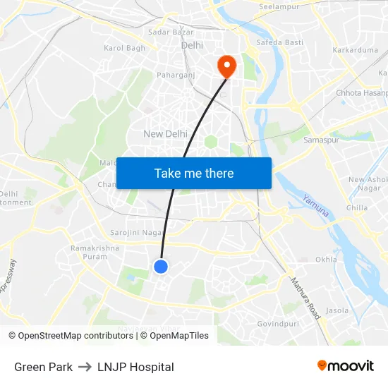 Green Park to LNJP Hospital map